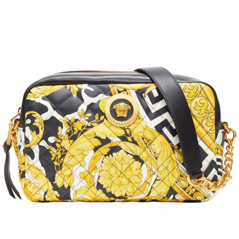 Authentic Versace Black and Yellow Quilted Camera Crossbody Bag